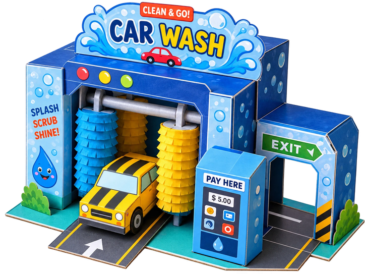 Mini Máquina de Lavado de Autos imprimible azul con coche amarillo