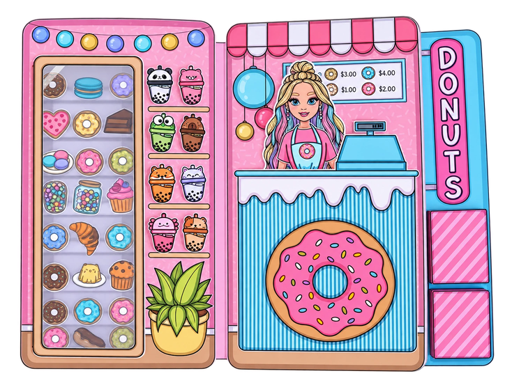 Tienda de Donas imprimible de color rosa con vitrinas y mostrador