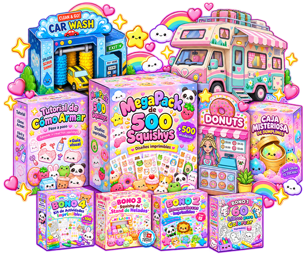 Mockup de la oferta completa del Mega Pack Paper Squishy: más de 500 moldes, tutorial, casa rodante, lavadero de autos, tienda de donas, caja misteriosa de Dumplings y cuatro bonos